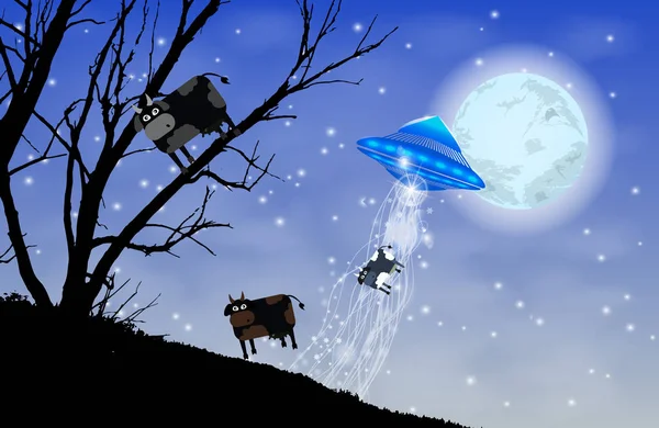UFO inekler siluet avlama. Ağaca inek
