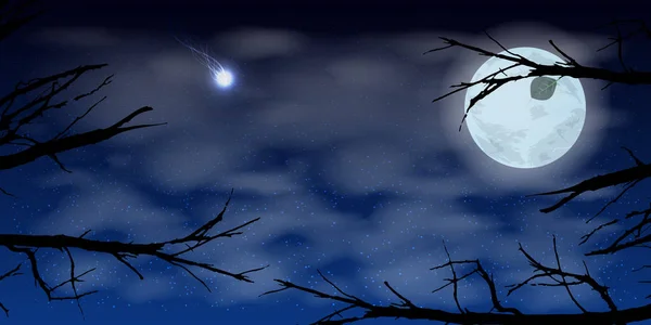 ท้องฟ้าดวงจันทร์กลางคืนเมฆต้นไม้ ภาพประกอบ — ภาพเวกเตอร์สต็อก