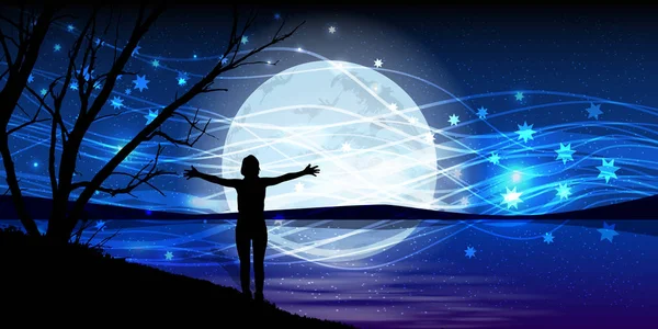 夜の空に月します。男は手を伸ばす魔法 — ストックベクタ