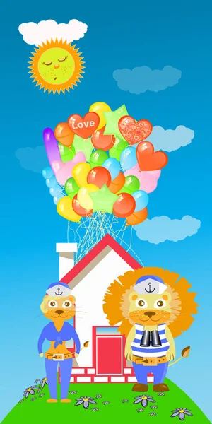 León y leona con una casa y muchos globos — Archivo Imágenes Vectoriales