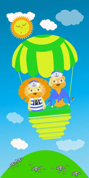 Leeuw en Leeuwin op een groene ballon — Stockvector