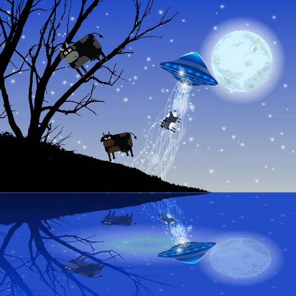 Rapimento di mucche Luna di notte UFO. Illustrazione — Vettoriale Stock