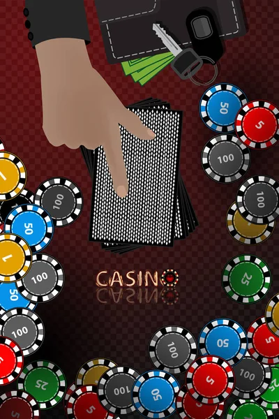 Casino čipy ruka více karet s klíči — Stockový vektor