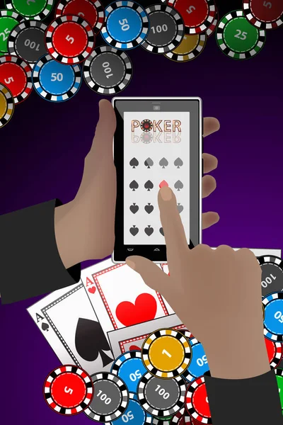 Casino Chips Poker-Hände mit einem Smartphone — Stockvektor