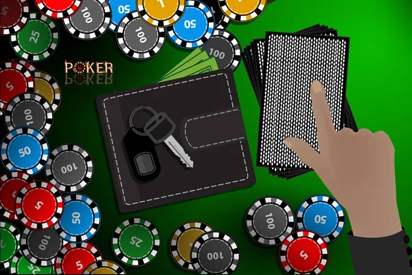 Фишки казино под рукой пачка карт на выбор — стоковый вектор