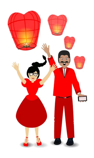 Couple amoureux réunion laisser lanternes ciel. illustration — Image vectorielle