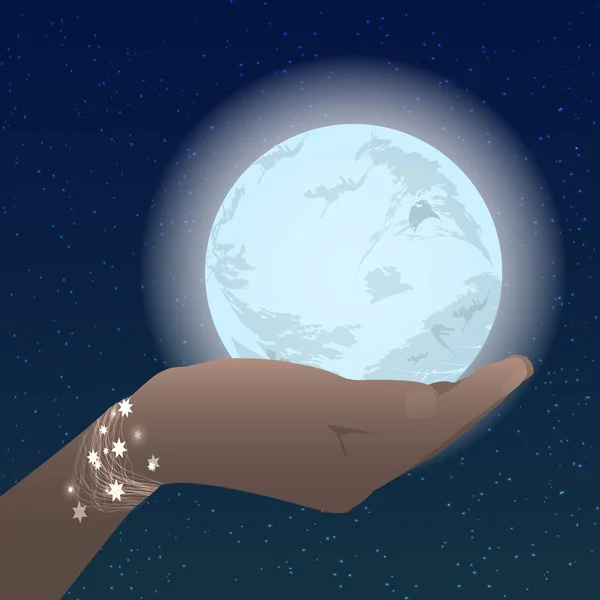 Ręka trzyma księżyc na niebie gwiazd — Wektor stockowy