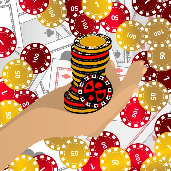 Hände halten Chips rot und gelb Chips hoch Tower Casino. — Stockvektor