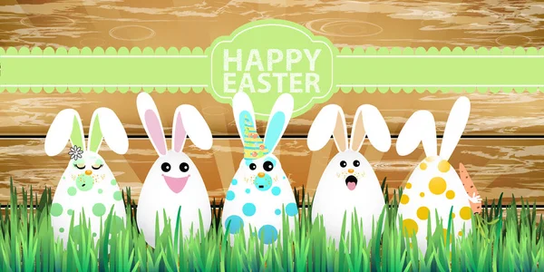 Feliz Pascua cinco conejos divertidos — Vector de stock