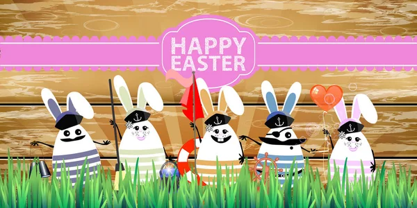 Semana Santa. Huevos de conejo con caras graciosas y lindas — Vector de stock