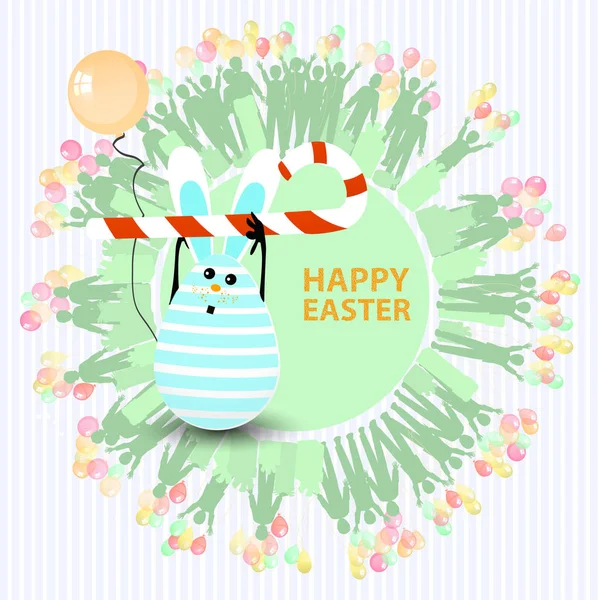Påsk söt illustration. Kanin-ägg med karamell-formade pinnen böjd och med en ballong i handen, på en cirkel bakgrund med silhuetten av människor med gåvor och ballonger — Stock vektor