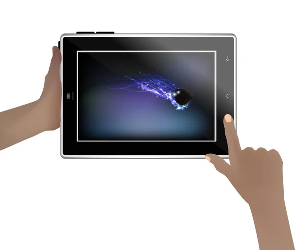 Space háttérkép egy tablettát az emberi kéz. — Stock Vector