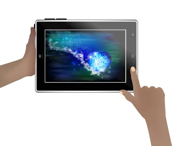 Fondo de pantalla de espacio en una tableta en manos humanas . — Vector de stock