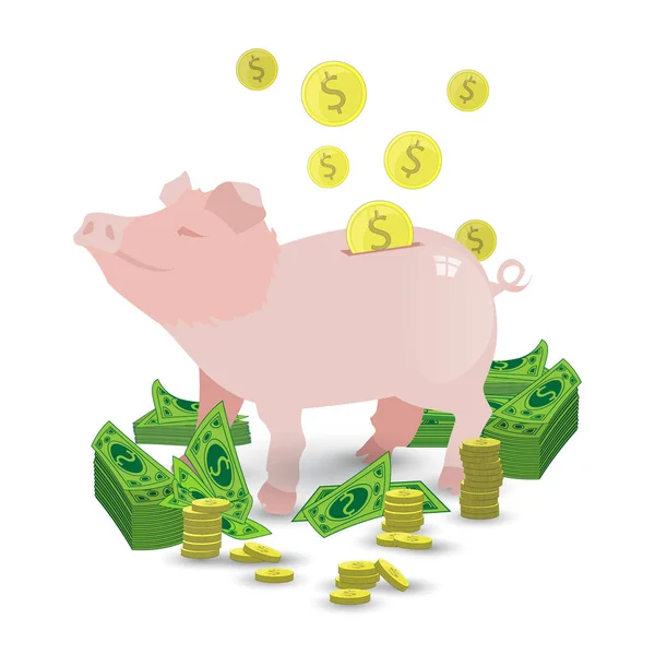 Свинья из розовой копилки с кучей золотых монет — стоковый вектор