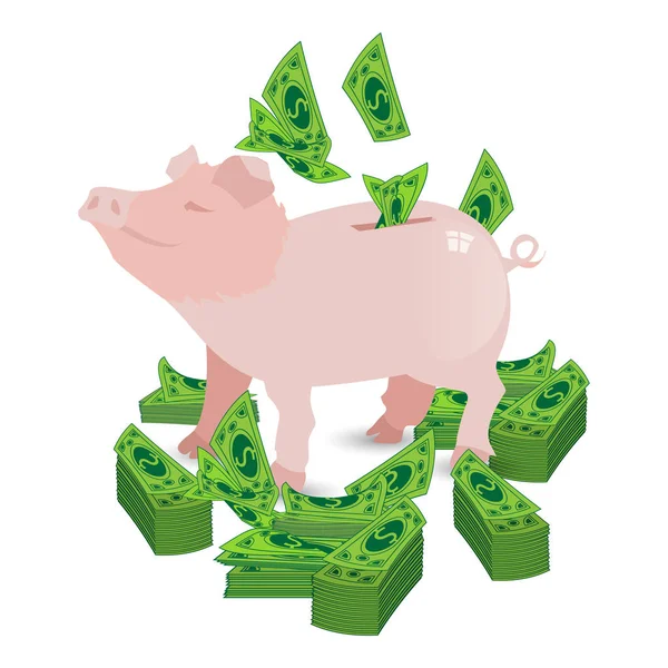Свинья розовые деньги копилка с бумагой зеленые доллары — стоковый вектор