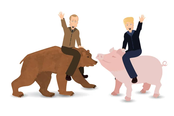 Donald Trump and Vladimir Putin are riding a pig — Stock Vector
