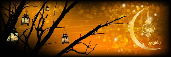 Ramadan. Una lanterna su un albero un sacco. Luce nel cielo notturno — Vettoriale Stock