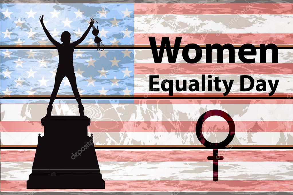 International Women's Day. The girl is silhouetted on a pedestal - a statue with the symbol of feminism, a bra in her hand. A mirror of an aphrodite. Against the background of the Amrikan flag.