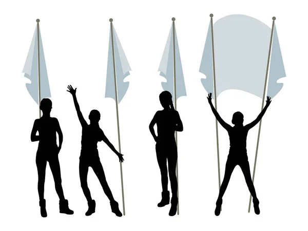 Desfile con banderas. Logo. Manos de silueta femenina — Archivo Imágenes Vectoriales