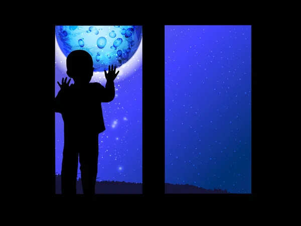 Espacio y un niño mirando por la ventana de la luna — Archivo Imágenes Vectoriales