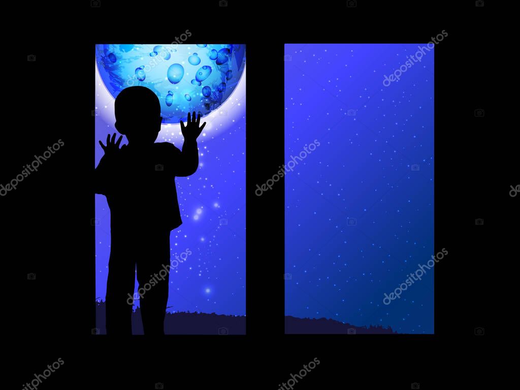 Space and a child looking out the window at the moon. An illustration for your design, social networks, statuses and posts.