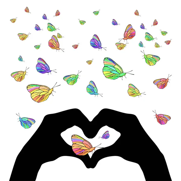 Mãos na forma de um coração e uma borboleta — Vetor de Stock