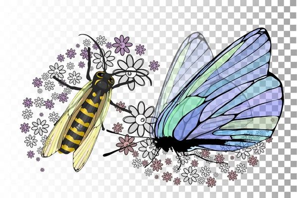 Schmetterling und Biene mit transparenten Flügeln — Stockvektor