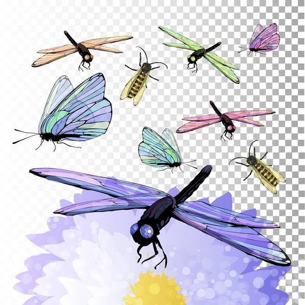 Libelle und Schmetterling auf einer Blume. Symbol des Sommers — Stockvektor