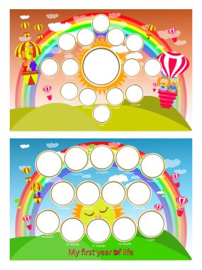 Bir fotoğraf çerçevesi bir gökkuşağı ve balon gökyüzünde. Gelişim on iki ay. Tasarımınız için yatay illüstrasyon.