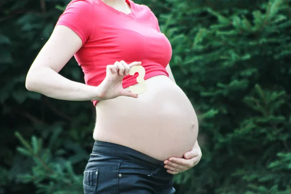 Il concetto di maternità. Ragazza in rosso su uno sfondo naturale — Foto Stock