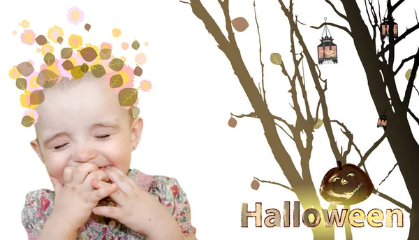 Halloween. mała czarownica, śmieje się. słodkie zdjęcie. — Zdjęcie stockowe
