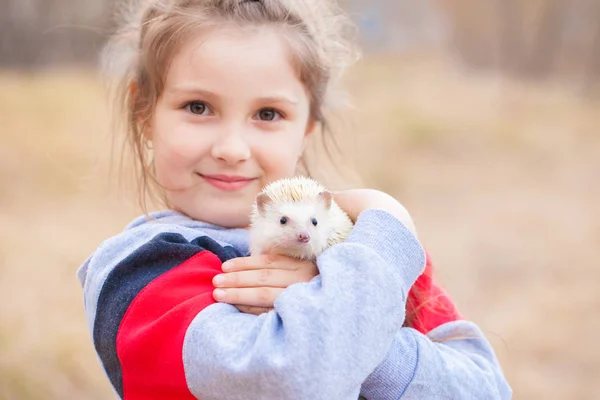 Tatlı Kız Küçük Kirpi Baharda Çimenlikte — Stok fotoğraf