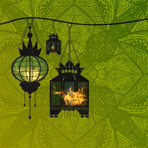 Рамадан Традиційне Арабське Мусульманське Свято Яскрава Картка Місяцем Ліхтарем — стоковий вектор