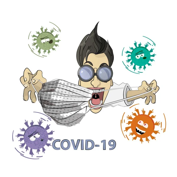 コロナウイルスCovid ウイルスフラットイラスト ウイルスの中に眼鏡とマスクの男がいて — ストックベクタ