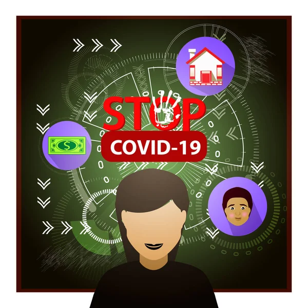 Coronavirus Covid Virus Och Platt Illustration Grön Student Ombord — Stock vektor