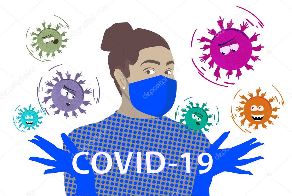 coronavirus covid-19, virus flat illustration. girl in personal protective equipment with gloves and mask