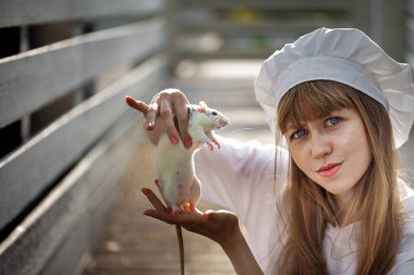 Elinde bir fareyle aşçı şapkası içinde yemek pişirmek. Tatlı fare, 2020 'nin sembolü, çekici bir ev sahibiyle yürüyüşe çıkmış.