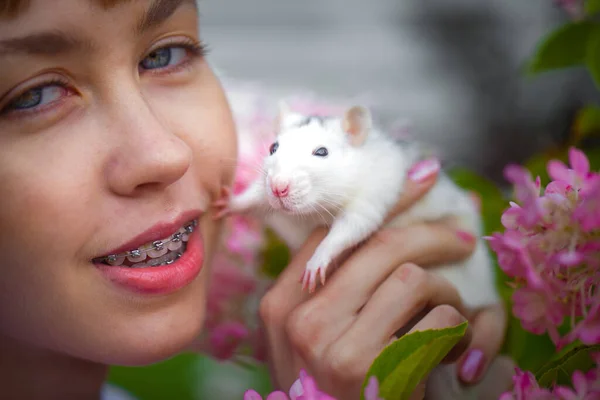 Rato Bonito Símbolo 2020 Passeio Com Uma Amante Atraente Cores — Fotografia de Stock