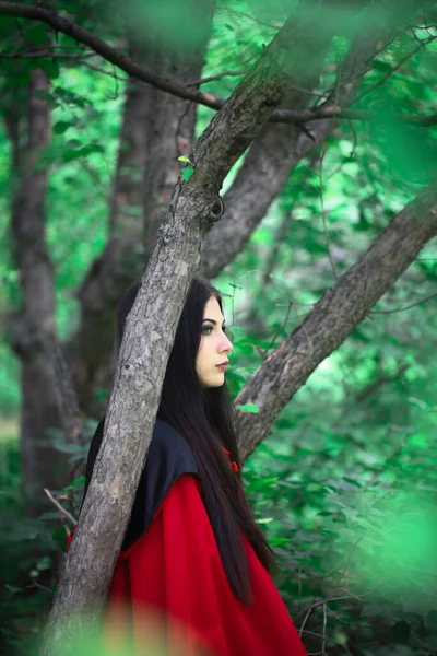 Merhaba Yaz Kırmızı Pelerinli Yeşil Gözlü Çekici Kız Doğanın Yeşilliğin — Stok fotoğraf