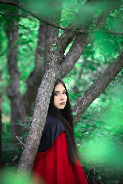 Merhaba Yaz Kırmızı Pelerinli Yeşil Gözlü Çekici Kız Doğanın Yeşilliğin — Stok fotoğraf