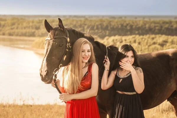 Brunett Och Blonda Tjejer Med Svart Häst Sexiga Långhåriga Tjejer — Stockfoto