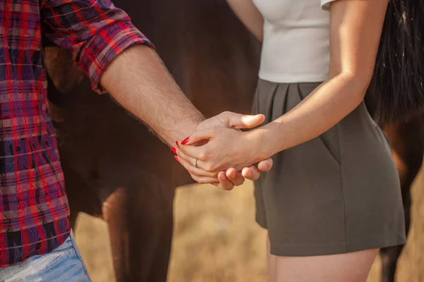 Brünettes Mädchen Und Brutaler Typ Mit Bart Und Schwarzem Pferd — Stockfoto