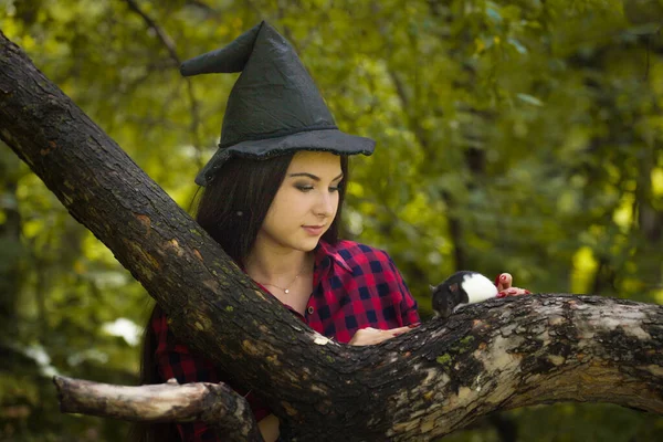 Sorcière Évoque Dans Les Bois Avec Familier Brunette Avec Rat — Photo