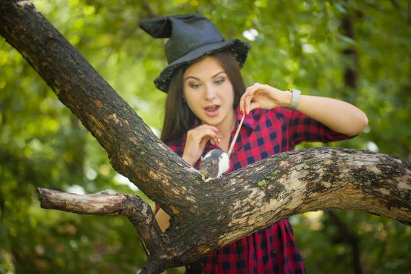 Čarodějky Vykouzlí Lese Známým Brunetka Krysou Den Všech Svatých Halloween — Stock fotografie