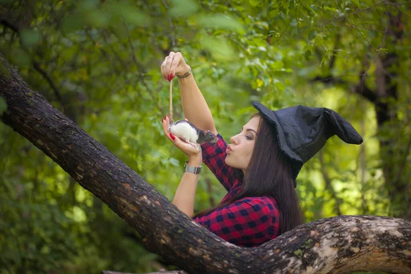 Čarodějky Vykouzlí Lese Známým Brunetka Krysou Den Všech Svatých Halloween — Stock fotografie