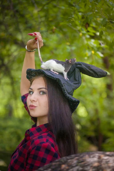Hexe Zaubert Wald Mit Einem Vertrauten Brünette Mädchen Mit Einer — Stockfoto