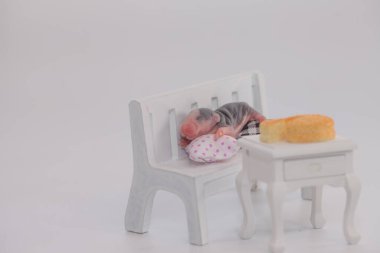 Virüs izolasyonu konsepti. Beyaz bir odada büyük bir parça peynirli fare ve mobilya. Ev yalıtımı