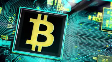 Dijital para, cryptocurrency, dijital para ve bitcoin kavramı. Bilgisayarın çip bitcoin sembolü