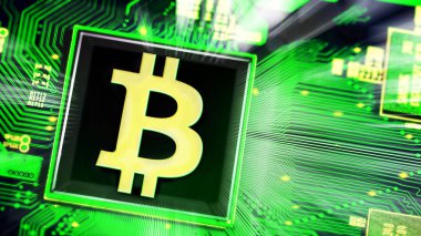  Dijital para, cryptocurrency, dijital para ve bitcoin kavramı. Bilgisayarın çip bitcoin sembolü