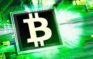  Dijital para, cryptocurrency, dijital para ve bitcoin kavramı. Bilgisayarın çip bitcoin sembolü